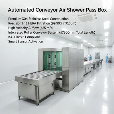 이중 HEPA 필터와 ISO 14644 및 GMP 컴플라이언스 청정실 전송 시스템에 대한 304 스테인리스 스틸 프레임으로 구동되는 롤러 컨베이어 공기 샤워기